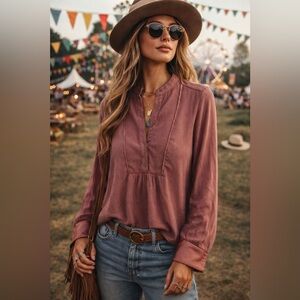 Free People Blouse XS Textured Long Sleeve Mandarin Collar Top